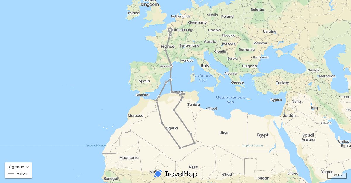 TravelMap itinerary: driving, plane in Algeria, Spain, France (Africa, Europe)