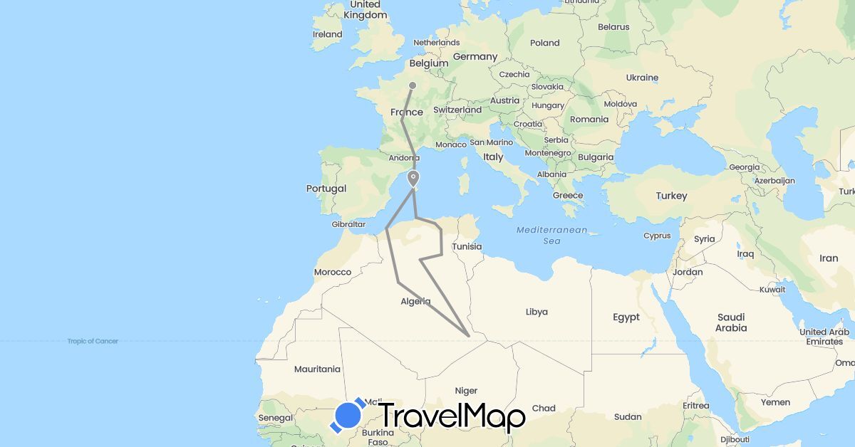 TravelMap itinerary: driving, plane in Algeria, Spain, France (Africa, Europe)